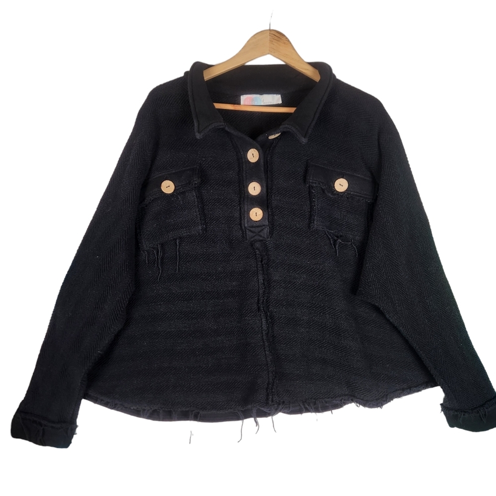 Free People Beach Saturday Shirt Jacket Small Black Distressed Oversized Cropped